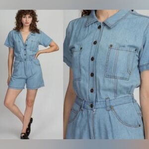 Vintage Streetwear Denim Button Down 80s 90s Shorts Jumpsuit Romper